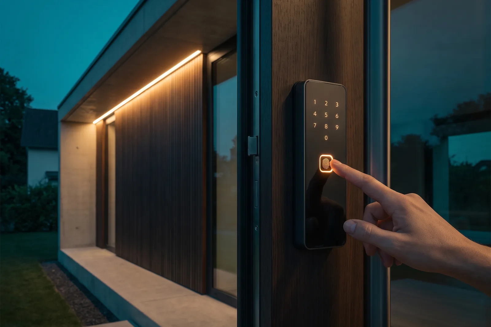 Elektronisches Türschloss mit Code-Tastatur und Fingerabdruck-Sensor an moderner Haustür